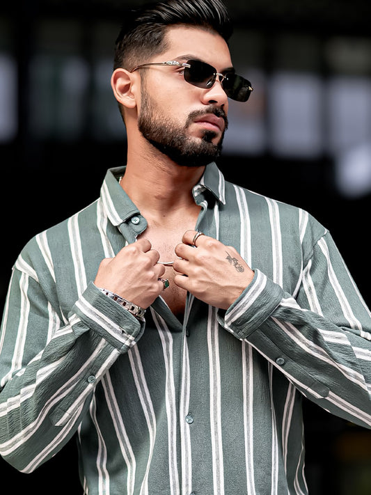 Terry Vertical Stripes Green Full Sleeve Shirt