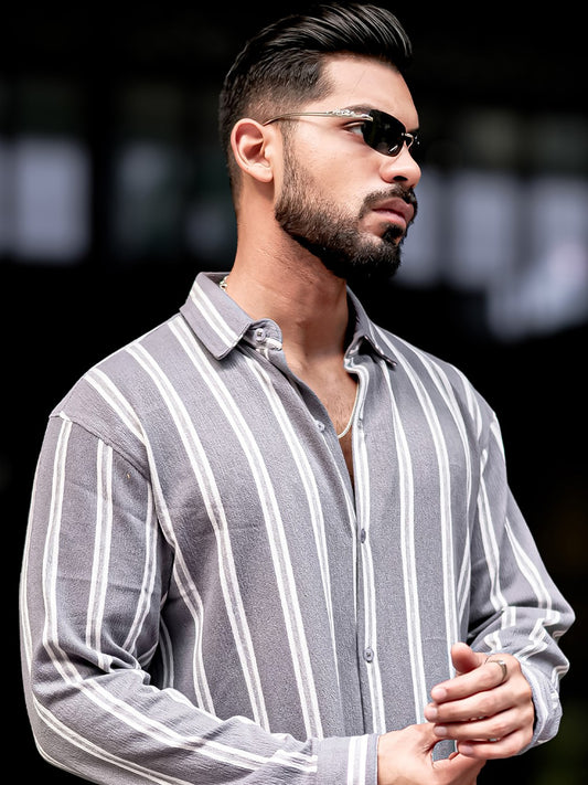Terry Vertical Stripes Grey Full Sleeve Shirt