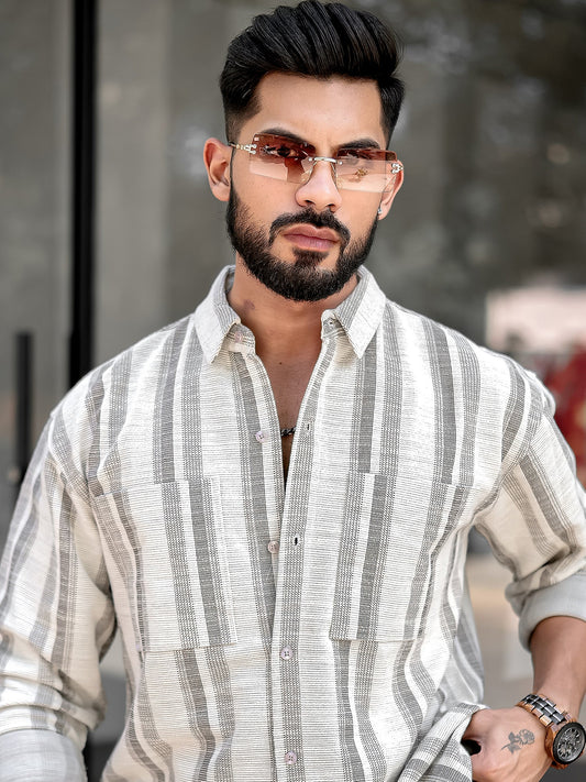 Tweed Vertical Stripe Half White Double Pocket Full Sleeve Shirt