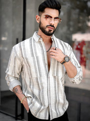 Tweed Vertical Stripe Half White Double Pocket Full Sleeve Shirt