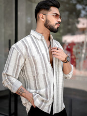 Tweed Vertical Stripe Half White Double Pocket Full Sleeve Shirt