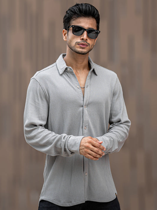 Cord Vertical Textured Light Grey Full Sleeve Shirt