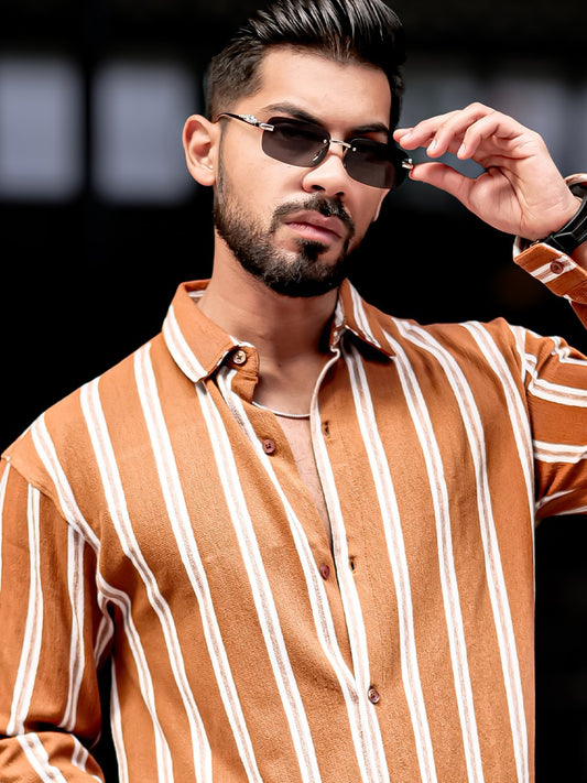 Terry Vertical Stripes Rust Full Sleeve Shirt
