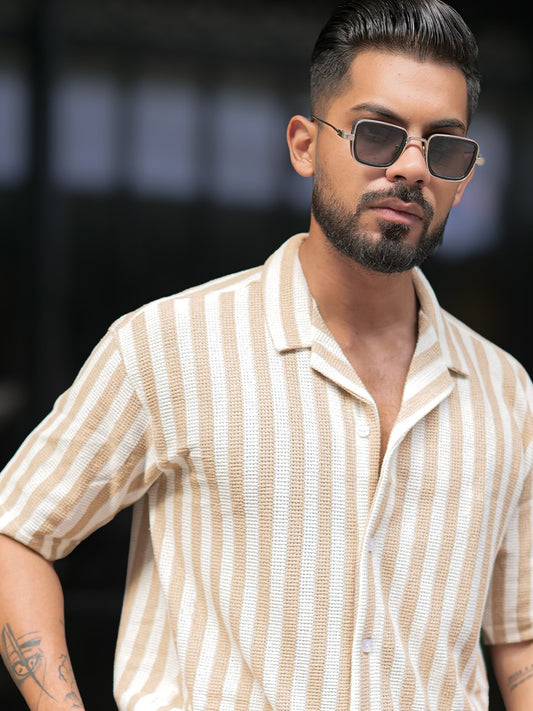 Waffle Flatknit Cotton Beige Half Sleeve Shirt
