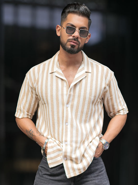 Waffle Flatknit Cotton Beige Half Sleeve Shirt