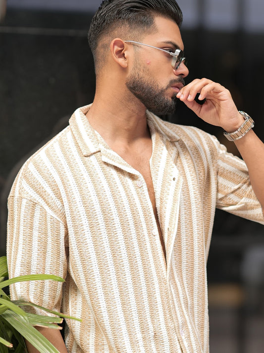 Desert Stripe Beige Half Sleeve Shirt