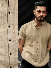Ribbed FlatKnit Beige Half Sleeve Shirt