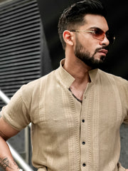 Ribbed FlatKnit Beige Half Sleeve Shirt