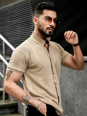 Ribbed FlatKnit Beige Half Sleeve Shirt