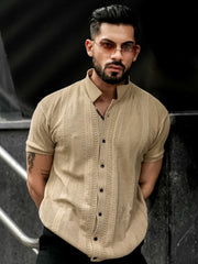Ribbed FlatKnit Beige Half Sleeve Shirt