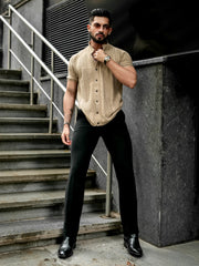 Ribbed FlatKnit Beige Half Sleeve Shirt