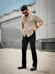 Stripe Textured Beige Half Sleeve Shirt