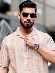 Ternary Line Stripe Beige Half Sleeve Shirt