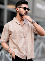 Ternary Line Stripe Beige Half Sleeve Shirt