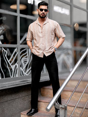 Ternary Line Stripe Beige Half Sleeve Shirt
