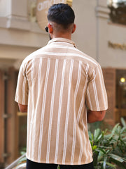 Terry Vertical Stripes Beige Half Sleeve Shirt