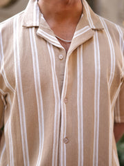 Terry Vertical Stripes Beige Half Sleeve Shirt