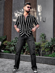 Popcorn Knit Vertical Stripe Black Half Sleeve Shirt
