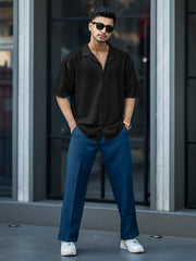 Seersucker Black Half Sleeve Shirt