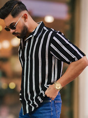 Terry Vertical Stripes Black Half Sleeve Shirt