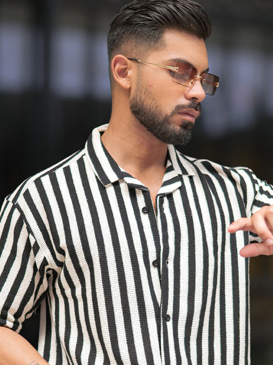 Waffle Flatknit Cotton White Half Sleeve Shirt