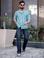 Popcorn Knit Vertical Stripe Blue Half Sleeve Shirt