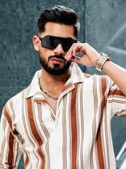 Barcode Stripe Brown Half Sleeve Shirt