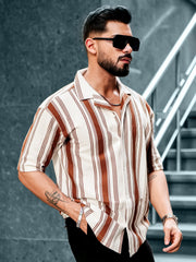 Barcode Stripe Brown Half Sleeve Shirt