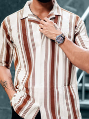 Barcode Stripe Brown Half Sleeve Shirt