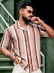 Roman Stripe Brown Half Sleeve Shirt