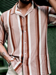 Roman Stripe Brown Half Sleeve Shirt