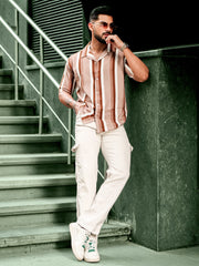Roman Stripe Brown Half Sleeve Shirt