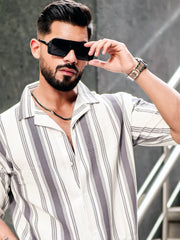 Barcode Stripe Cement Grey Half Sleeve Shirt