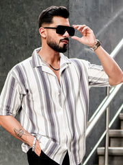 Barcode Stripe Cement Grey Half Sleeve Shirt