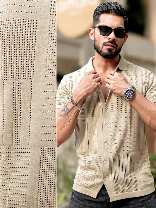 Wrap FlatKnit Cotton Beige Half Sleeve Shirt