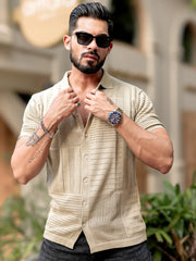Wrap FlatKnit Cotton Beige Half Sleeve Shirt