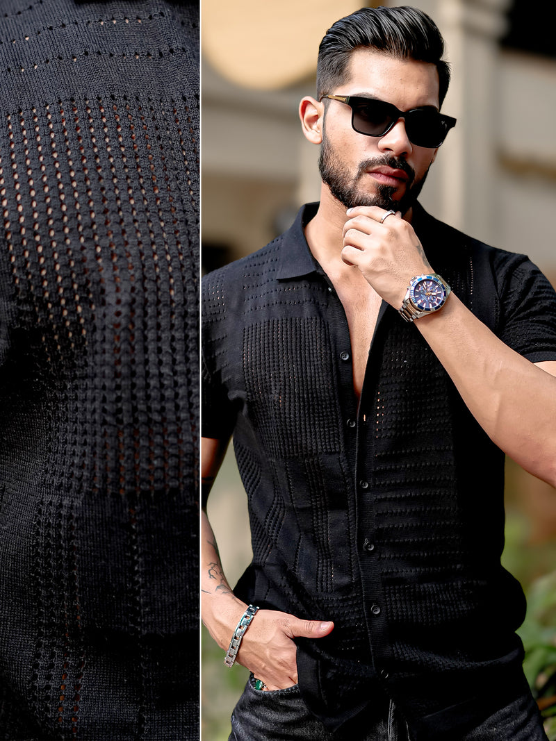 Black half sleeve wrap flatknit cotton shirt for men