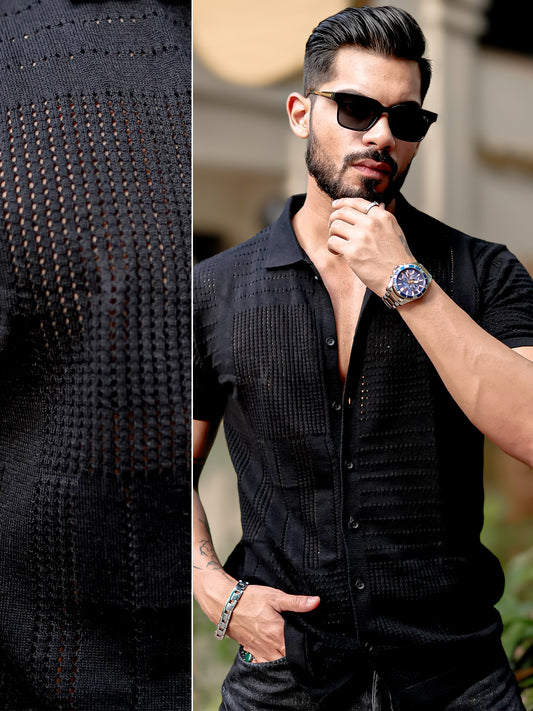 Wrap FlatKnit Cotton Black Half Sleeve Shirt