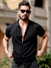 Wrap FlatKnit Cotton Black Half Sleeve Shirt