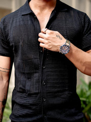 Wrap FlatKnit Cotton Black Half Sleeve Shirt