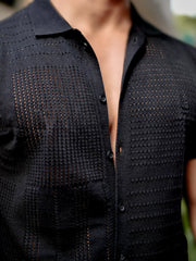 Wrap FlatKnit Cotton Black Half Sleeve Shirt
