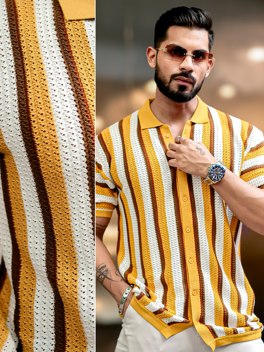 Vertical Stripe FlatKnit Cotton Mustard Half Sleeve Shirt