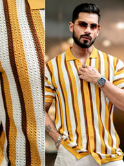 Vertical Stripe FlatKnit Cotton Mustard Half Sleeve Shirt