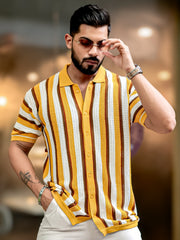 Vertical Stripe FlatKnit Cotton Mustard Half Sleeve Shirt