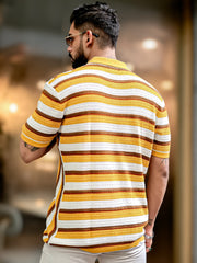Vertical Stripe FlatKnit Cotton Mustard Half Sleeve Shirt