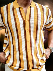 Vertical Stripe FlatKnit Cotton Mustard Half Sleeve Shirt