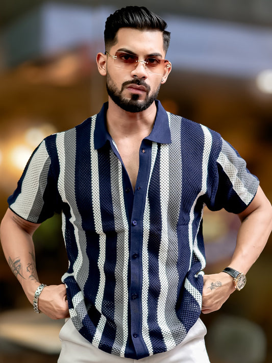 Aero Vertical Stripe Navy Half Sleeve Shirt