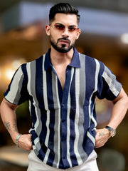 Aero Vertical Stripe Navy Half Sleeve Shirt