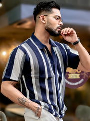 Aero Vertical Stripe Navy Half Sleeve Shirt