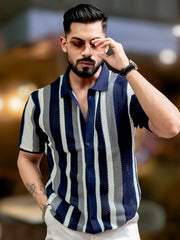 Aero Vertical Stripe Navy Half Sleeve Shirt